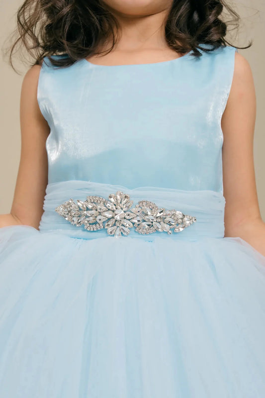 Ligh blue flower girl dress with rhinestone waistband, satin bodice, and glitter tulle skirt