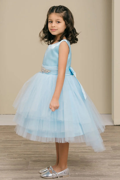 Ligh blue flower girl dress with satin bodice, rhinestone waistband, satin bow back, and layered tulle skirt