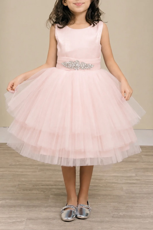 Blush flower girl dress with satin bodice, rhinestone waistband, and layered glitter tulle skirt