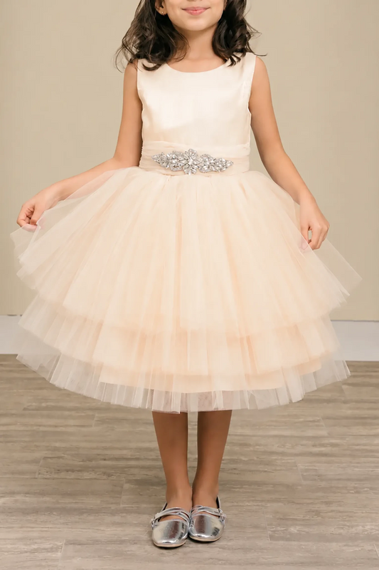 Champagne flower girl dress with satin bodice, rhinestone waistband, and layered glitter tulle skirt