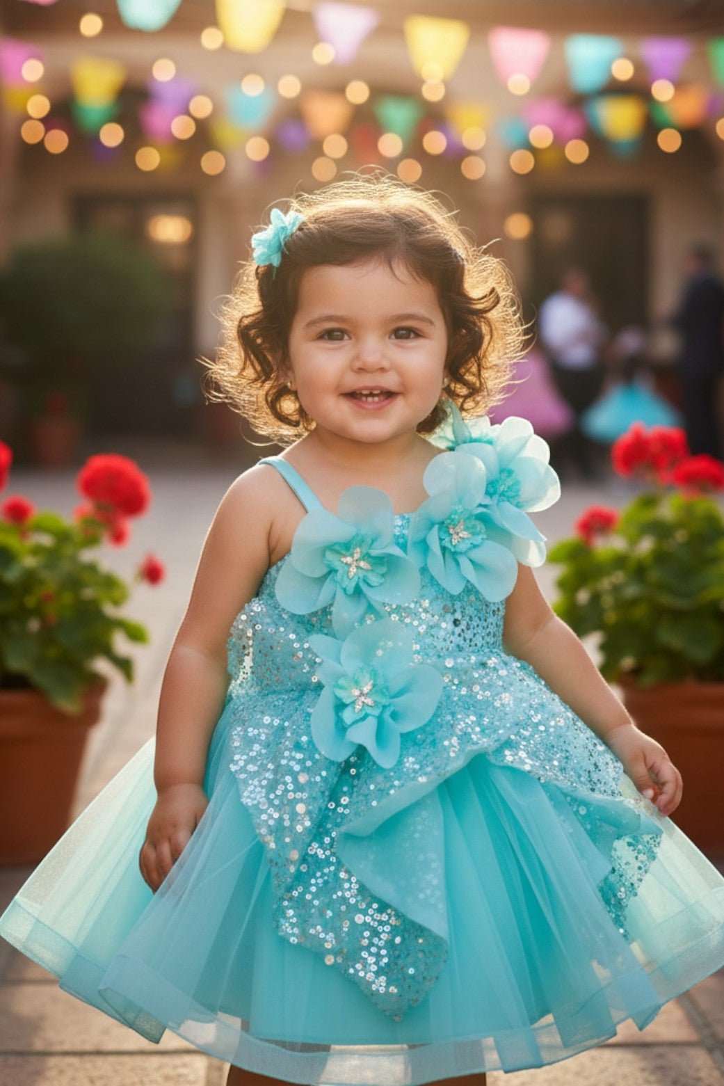Kid Wearing Blue Flower Girl Dress Front View With Layered Skirt And Oversized Bow Detail