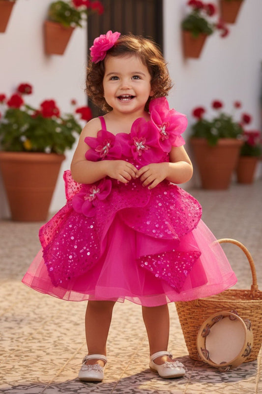 Kid Wearing Fuschia Flower Girl Dress Front View With Floral Applique And Layered Ruffle Skirt