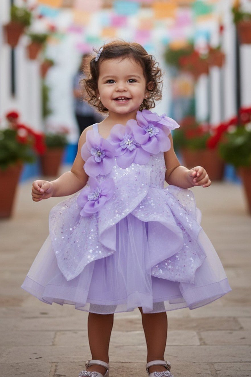 Kid Wearing Lilac Flower Girl Dress Front View With Floral Applique And Layered Ruffle Skirt