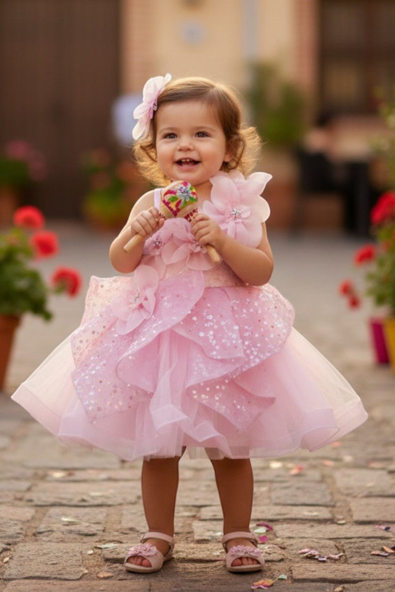 Kid Wearing Pink Flower Girl Dress Front View With Floral Applique And Layered Ruffle Skirt