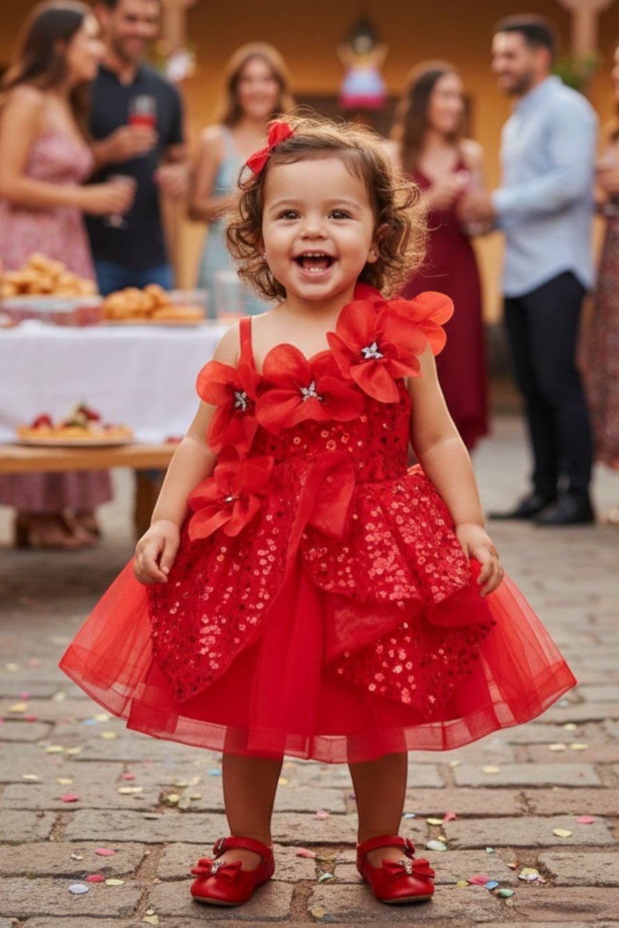Kid Wearing Red Flower Girl Dress Front View With Floral Applique And Layered Ruffle Skirt
