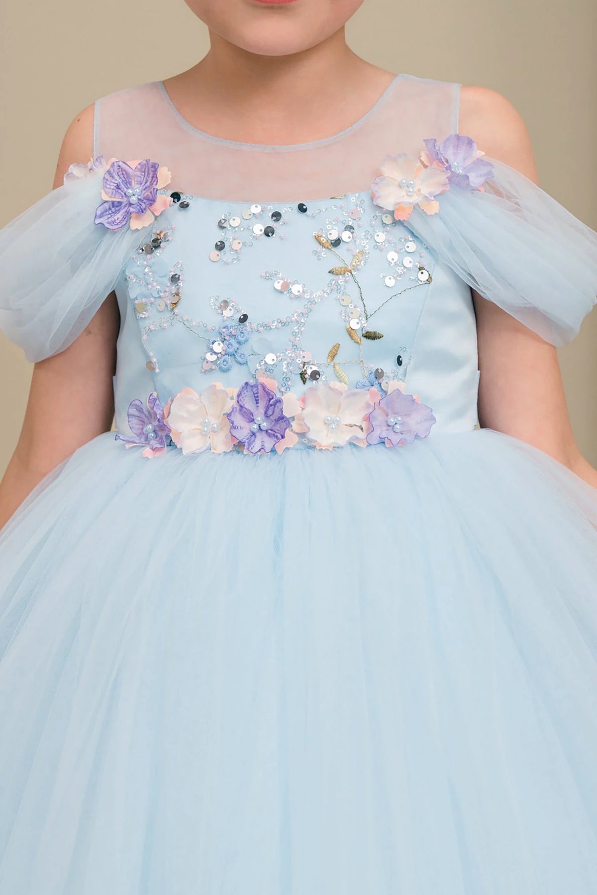 Light blue flower girl dress with floral and sequin details.