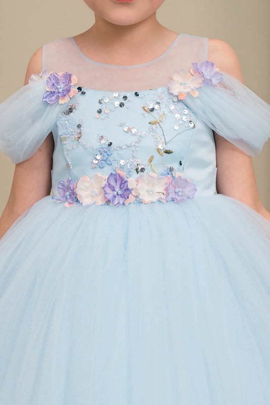 Light blue flower girl dress with floral and sequin details.