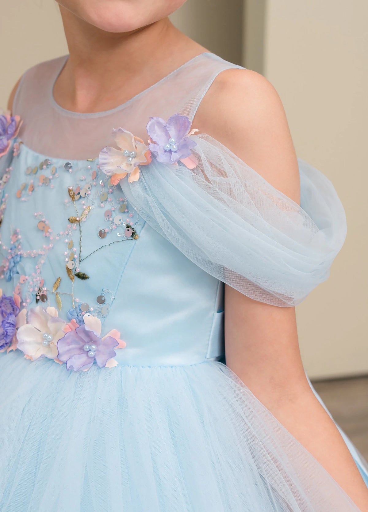 Light blue flower girl dress with floral embellishments.