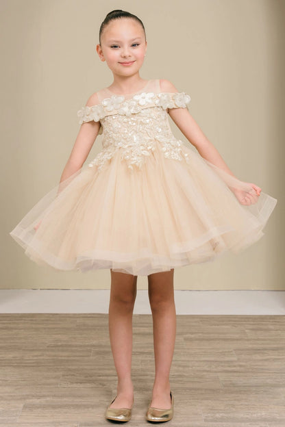 Champagne flower girl dress features floral shoulder trim and embroidered bodice.