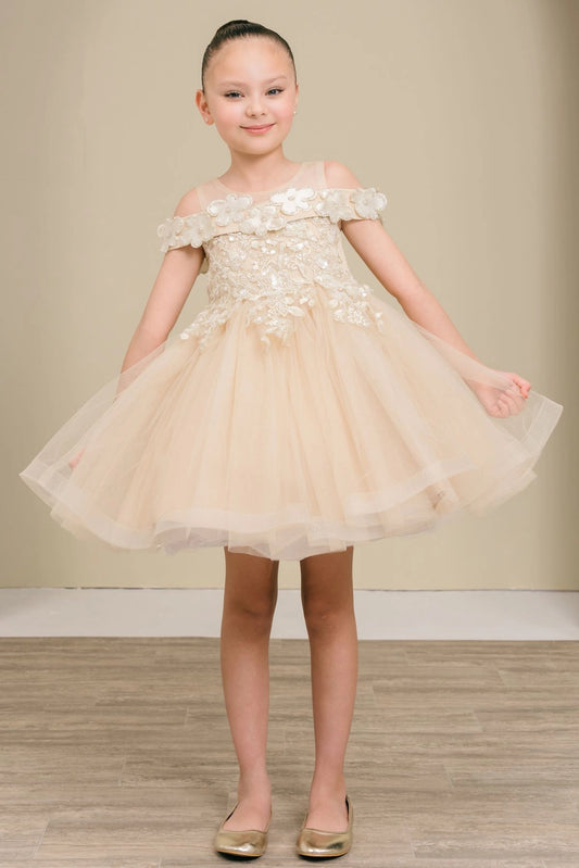 Champagne flower girl dress features floral shoulder trim and embroidered bodice.