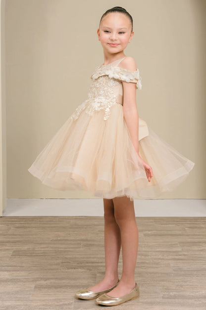 Featuring lace bodice above the flared tulle skirt on the Champagne flower girl dress.