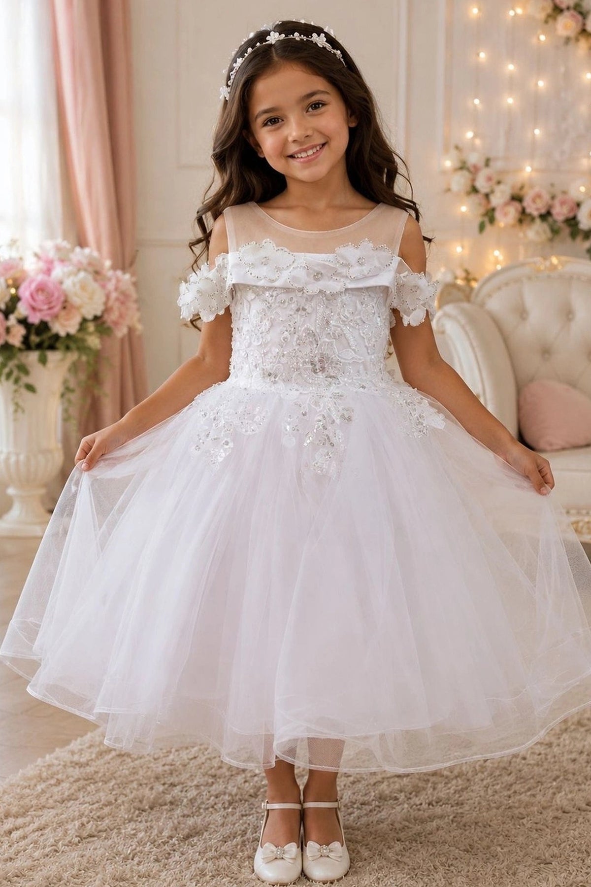 Off-White flower girl dress features floral lace bodice with sheer shoulder straps.