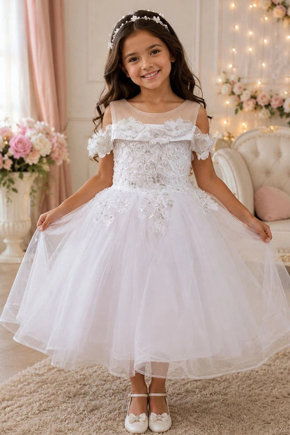 Off-White flower girl dress features floral lace bodice with sheer shoulder straps.