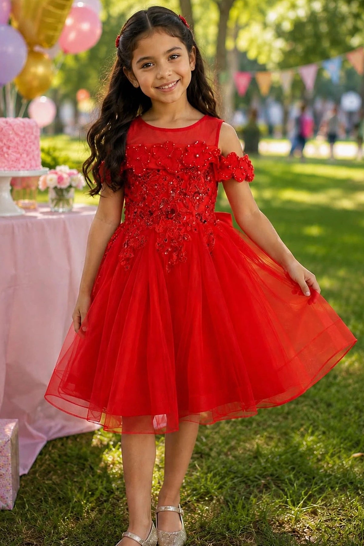 Red flower girl dress features floral lace bodice above a full tulle skirt.