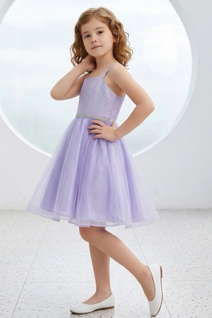 Visible on this Lilac flower girl dress: beaded waistband above a flared tulle skirt.