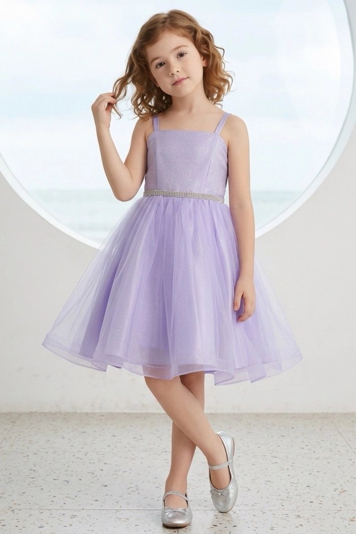 Lilac flower girl dress features square neckline and narrow embellished waistband.