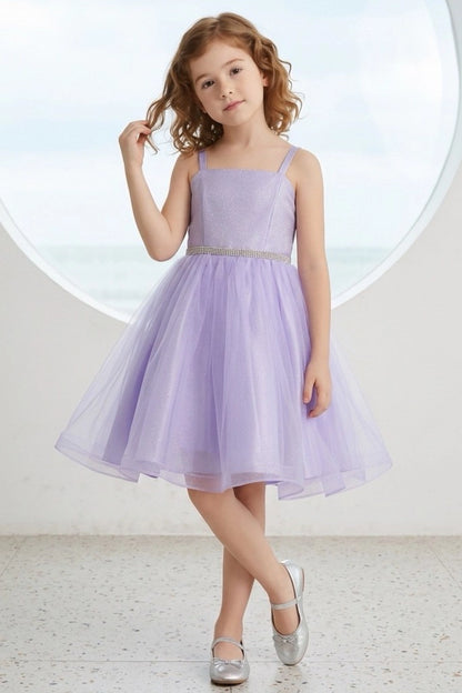 Lilac flower girl dress features square neckline and narrow embellished waistband.