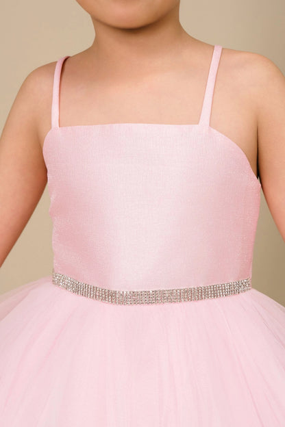 Visible on this Pink flower girl dress: narrow beaded belt below the square neckline.