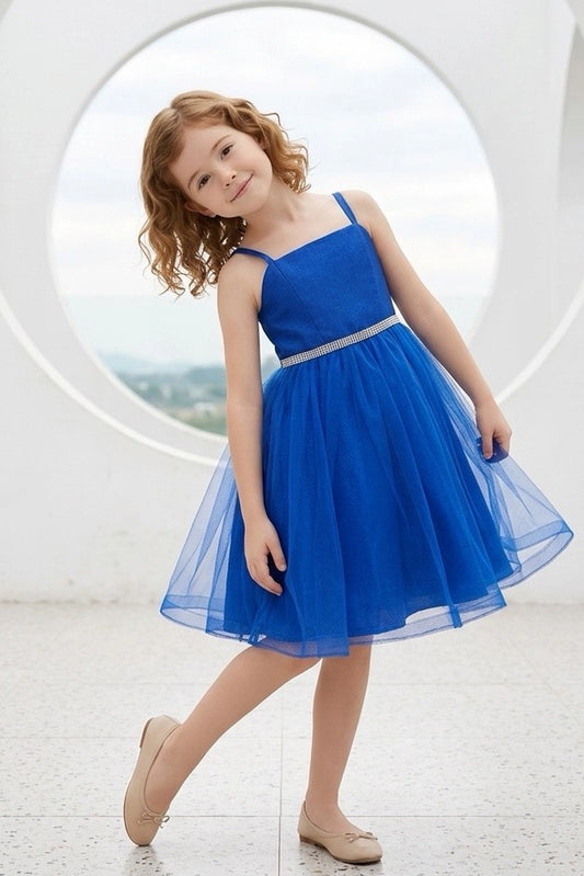 Royal Blue flower girl dress features square neckline above a beaded waist belt.