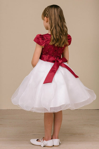 Sash ties form a bow across the back of this Burgundy/Ivory kids party dress.