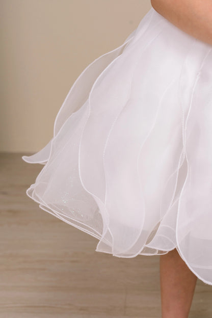 Waved organza edging gives the Burgundy/Ivory kids party dress its airy skirt.