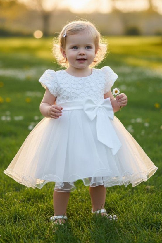 Kid Wearing White Flower Girl Dress Front View With Layered Skirt And Oversized Bow Detail