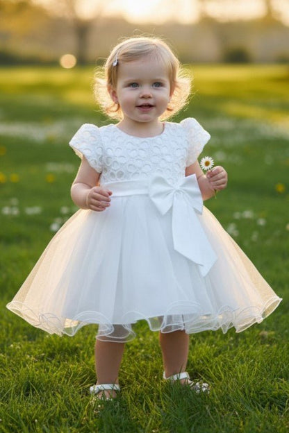 Kid Wearing White Flower Girl Dress Front View With Layered Skirt And Oversized Bow Detail