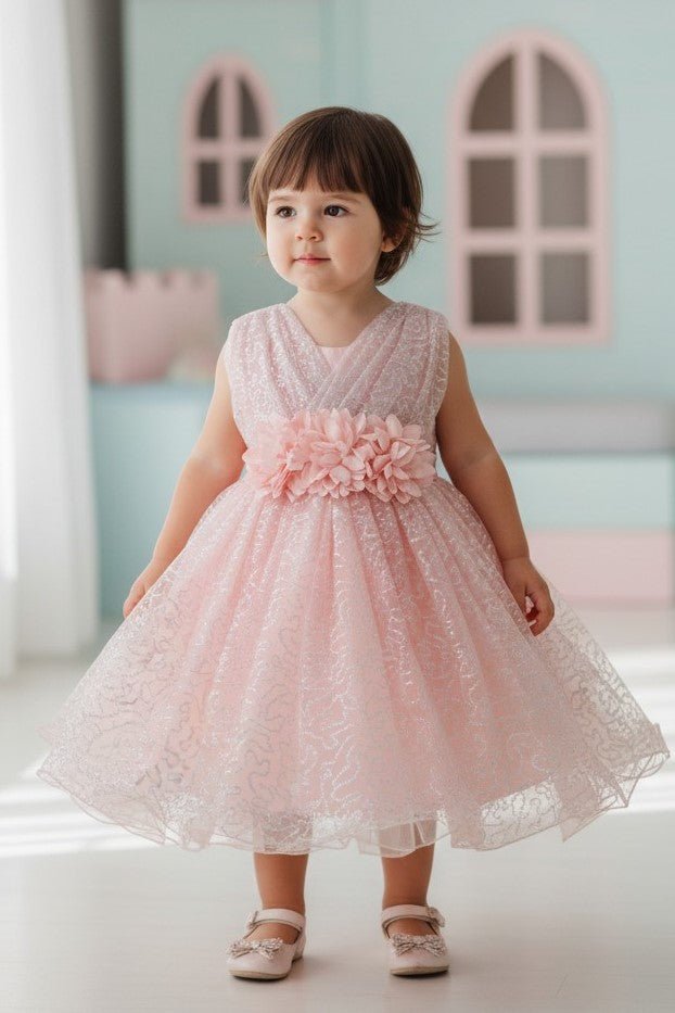 Peach flower girl Dress Front View With Layered Skirt And Oversized Bow Detail.