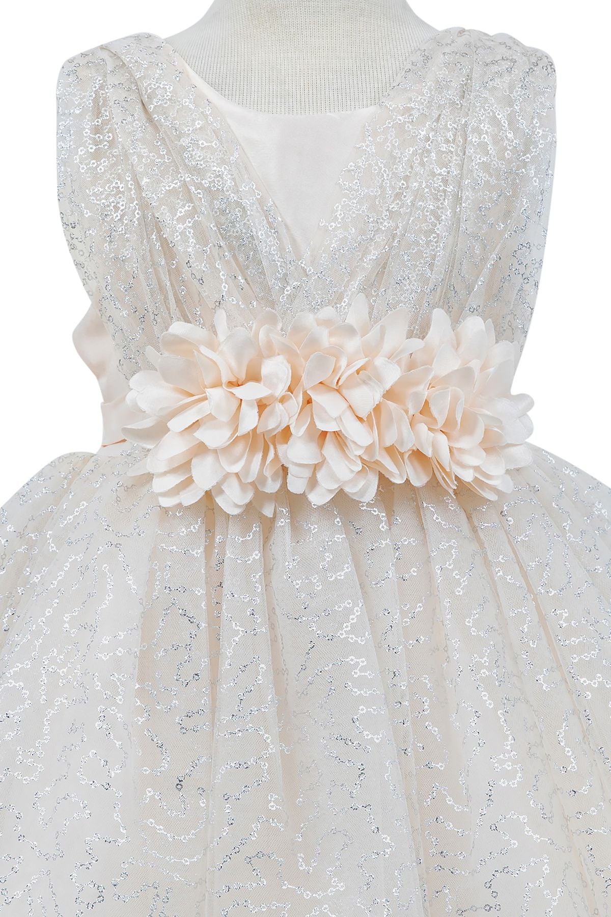 Close-up front view of champagne flower girl dress showing shimmering fabric and bow accent.