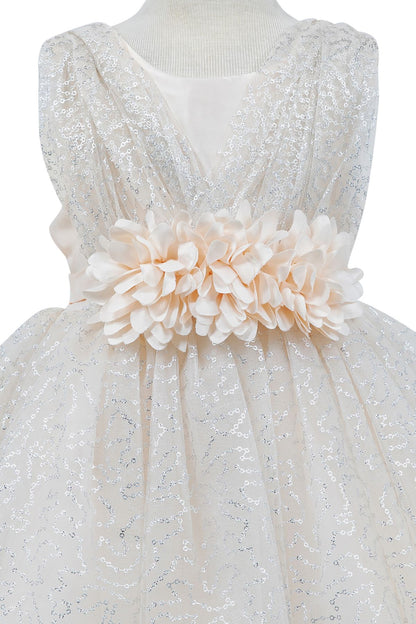 Close-up front view of champagne dress showing shimmering fabric and bow accent