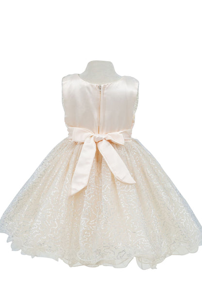 Champagne dress back view highlighting full skirt and elegant silhouette