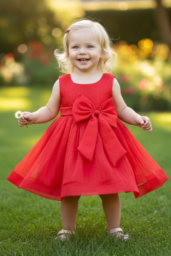 Red flower girl Dress Front View With Layered Skirt And Oversized Bow Detail.