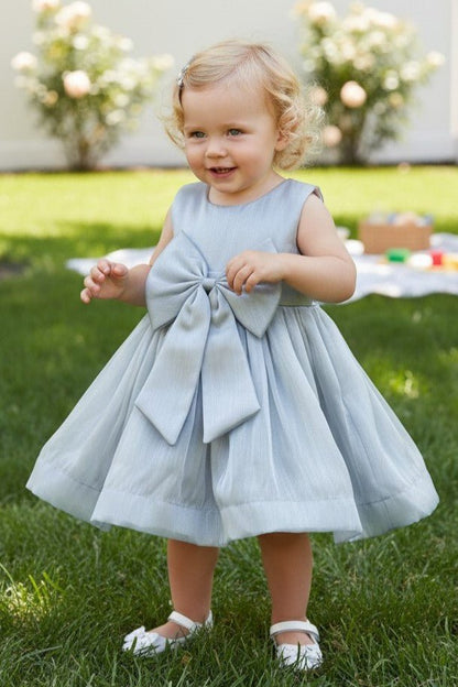 Kid Wearing Silver Flower Girl Dress Front View With Layered Skirt And Oversized Bow Detail