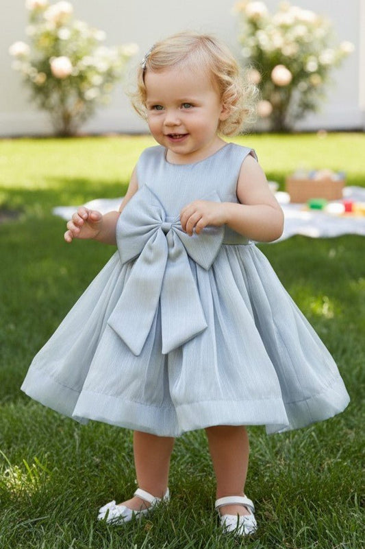 Kid Wearing Silver Flower Girl Dress Front View With Layered Skirt And Oversized Bow Detail