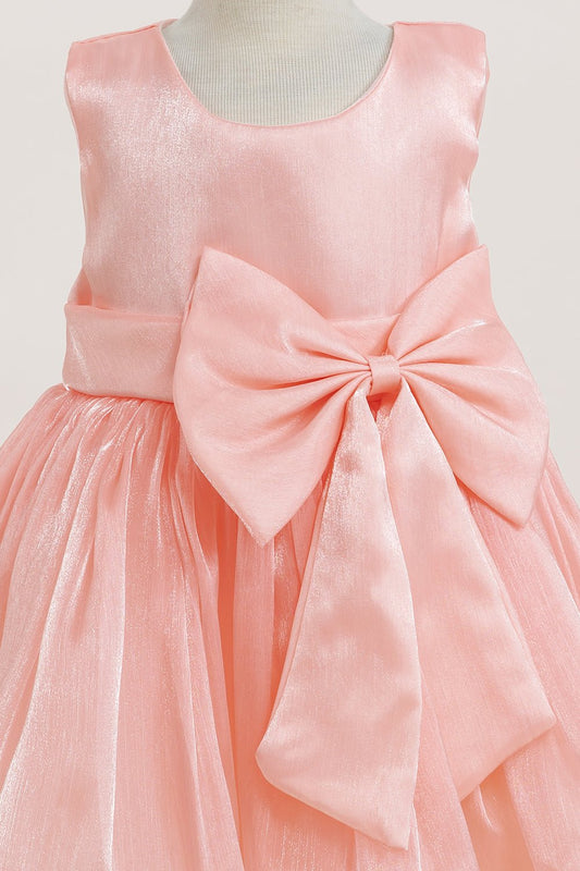 Close-up front view of pink dress showing shimmering fabric and bow accent