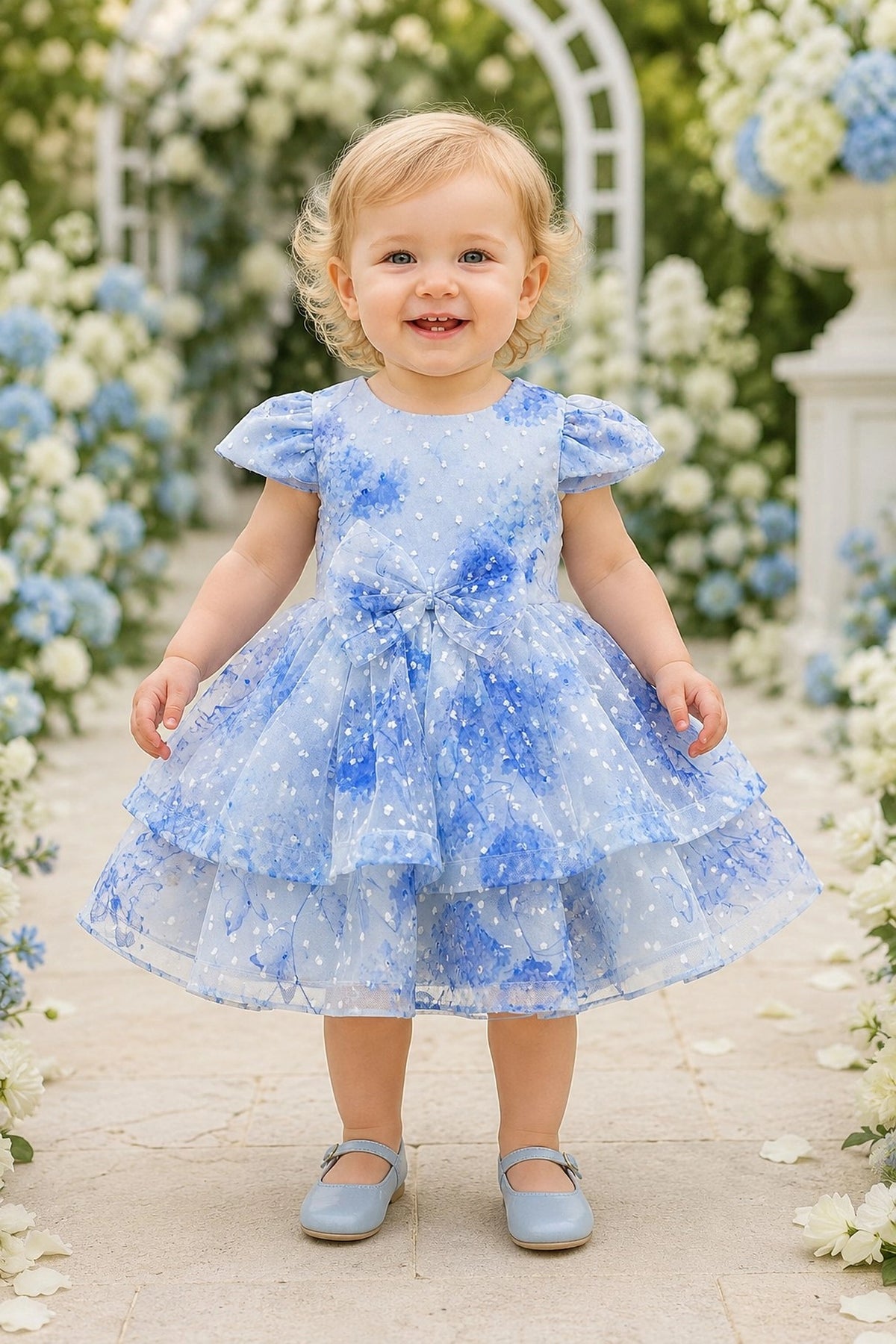 Showcasing a floral-patterned tiered skirt, this Blue kids dress has a full skirt.