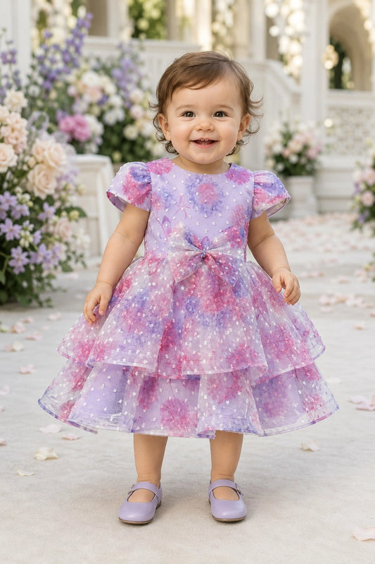 Showcasing a floral-patterned tiered skirt, this Lilac kids dress has a full skirt.