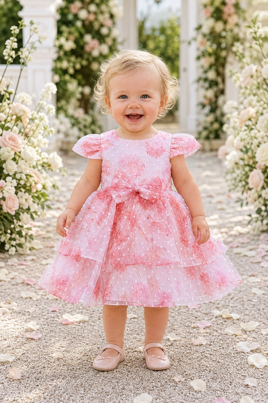 Showcasing a floral-patterned tiered skirt, this Pink kids dress has a full skirt.