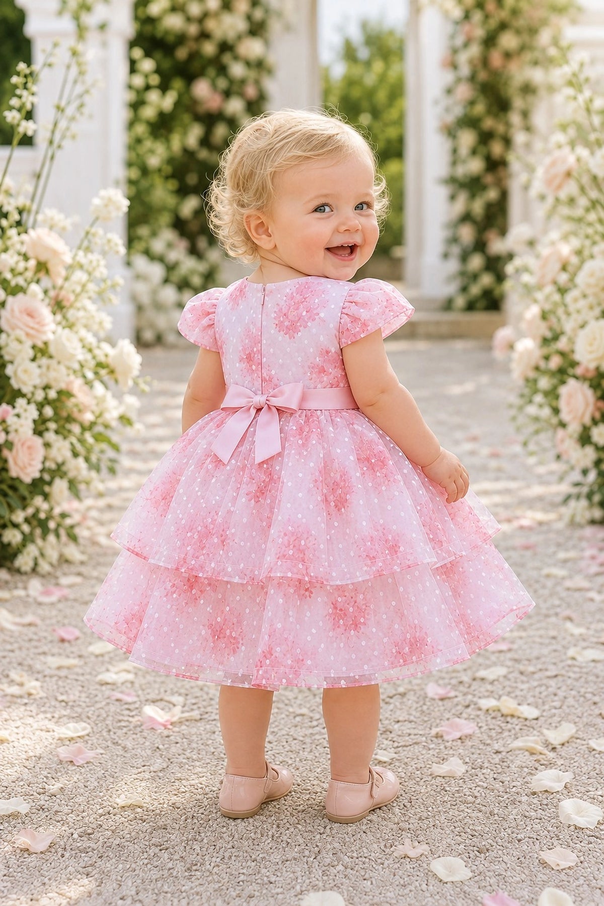 Tied at the back, the Pink kids dress features a large bow.
