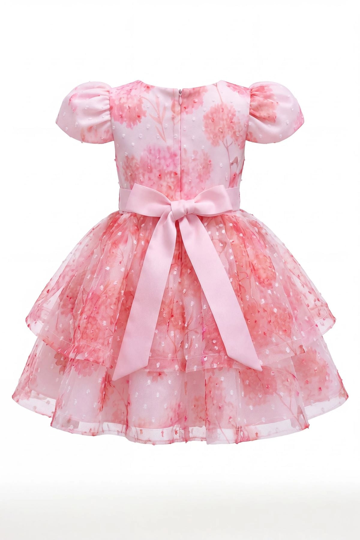 Fastened with a back zipper, the Pink kids dress has a long bow sash.