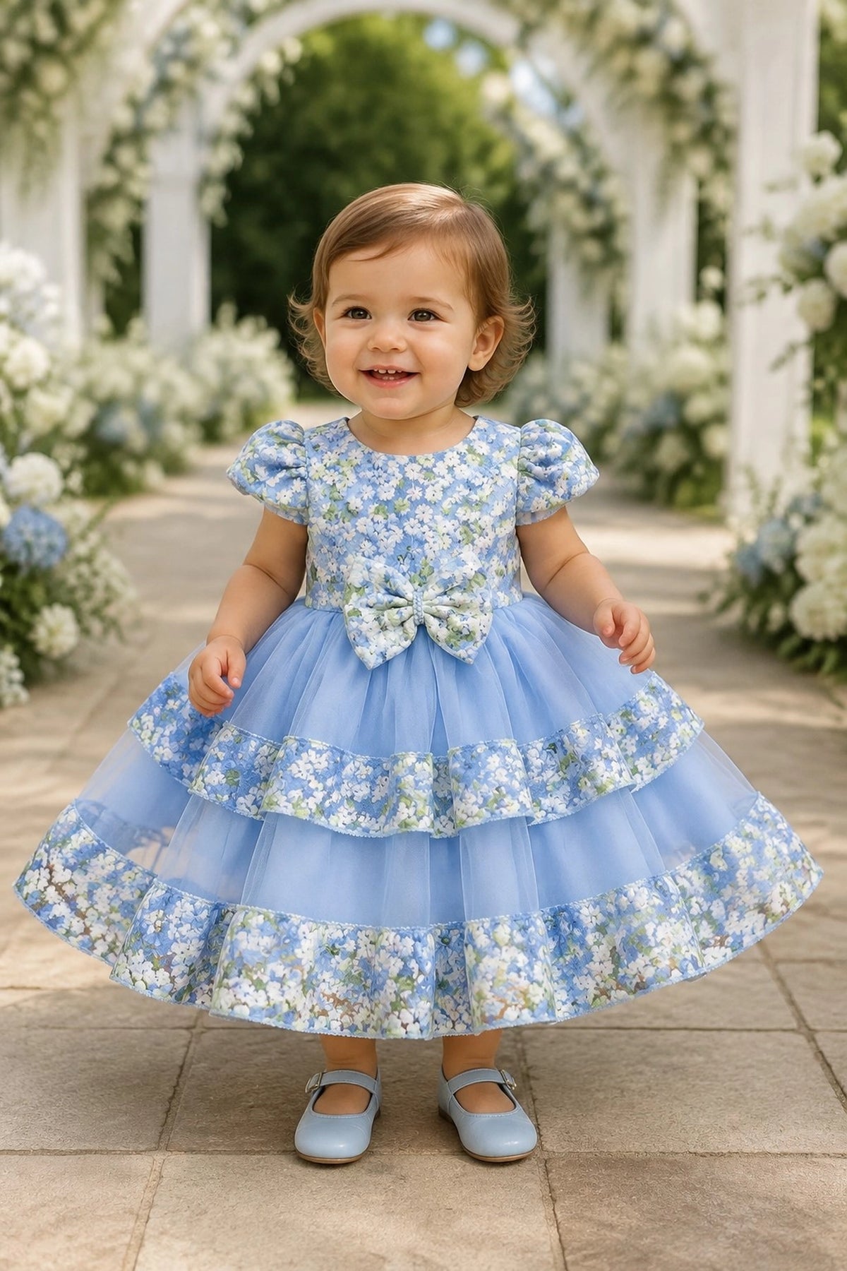 Showcasing floral trim along the skirt tiers, this Blue kids dress has a full skirt.