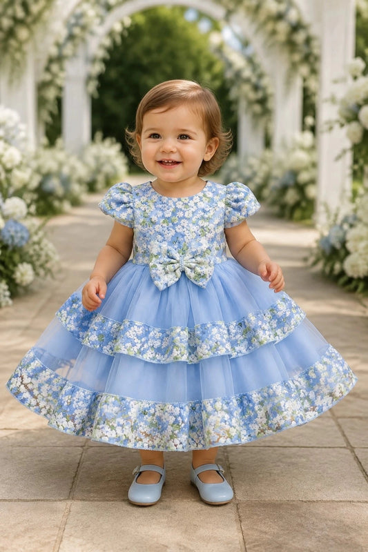 Showcasing floral trim along the skirt tiers, this Blue kids dress has a full skirt.
