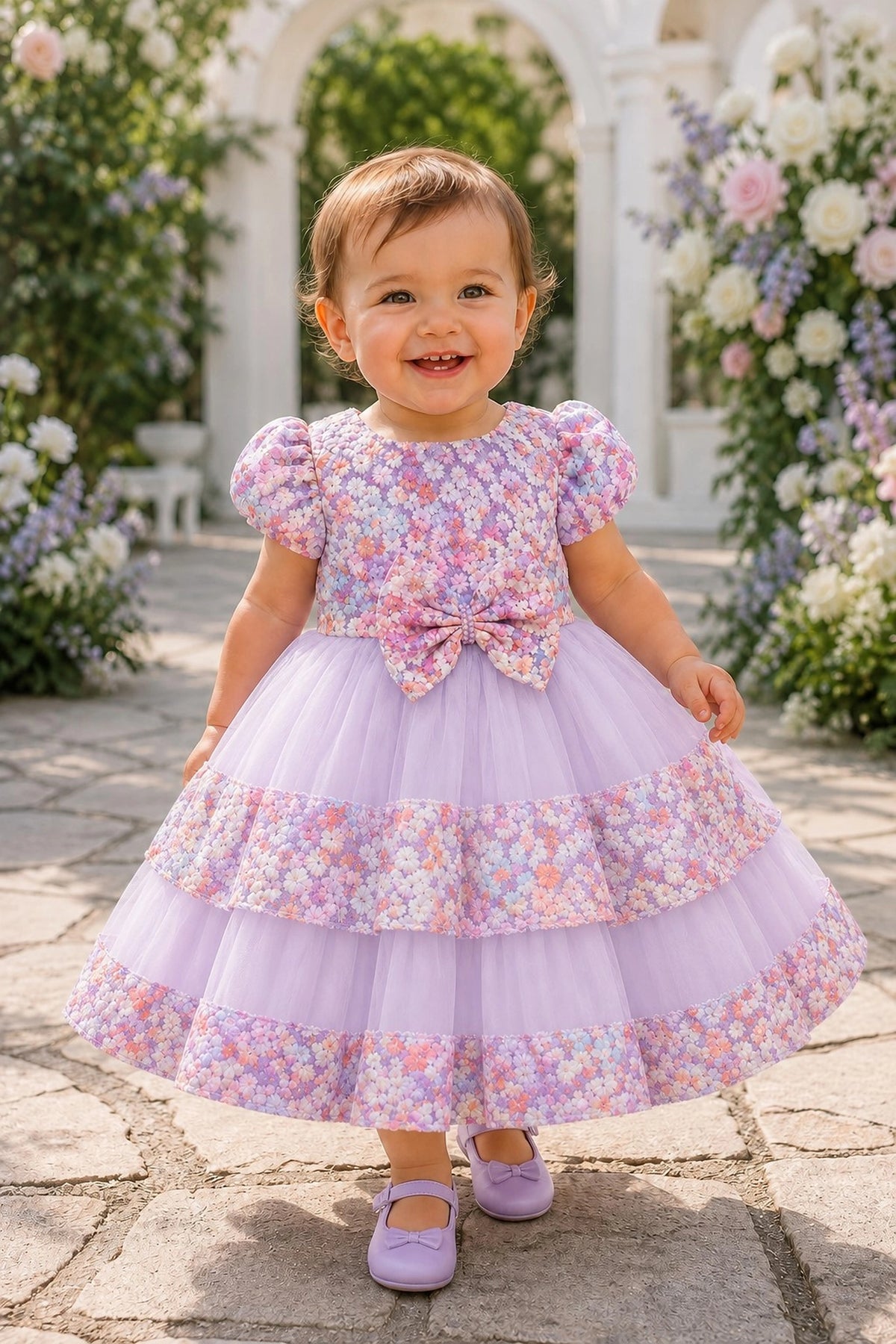 Showcasing floral trim along the skirt tiers, this Lilac kids dress has a full skirt.