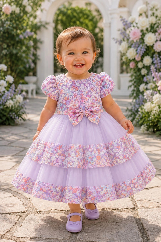 Showcasing floral trim along the skirt tiers, this Lilac kids dress has a full skirt.