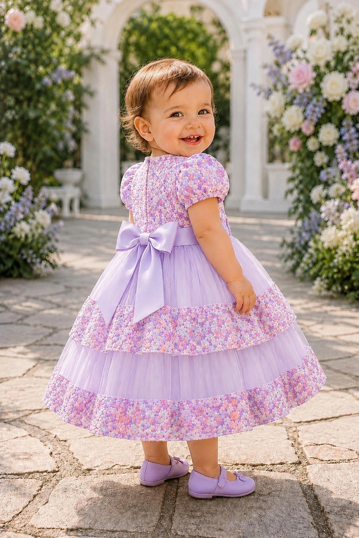 Tied at the back, the Lilac kids dress features a large bow.