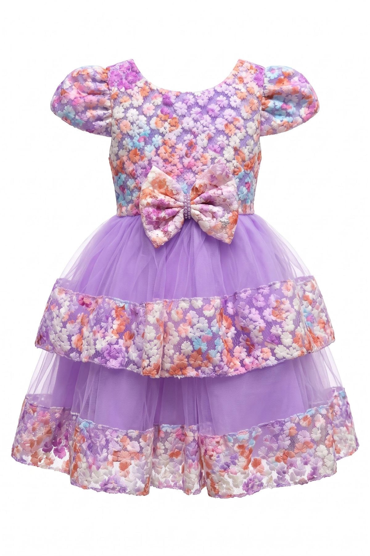 Layered shaping highlights floral trim along the skirt tiers on the Lilac kids dress.