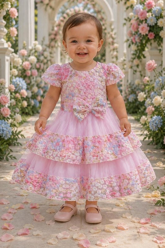 Showcasing floral trim along the skirt tiers, this Pink kids dress has a full skirt.