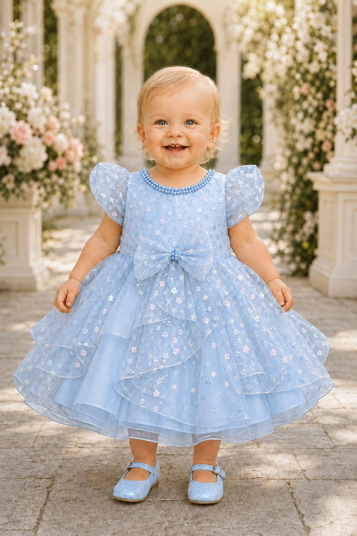 Showcasing a pearl-trimmed neckline, this Blue kids dress has a full skirt.