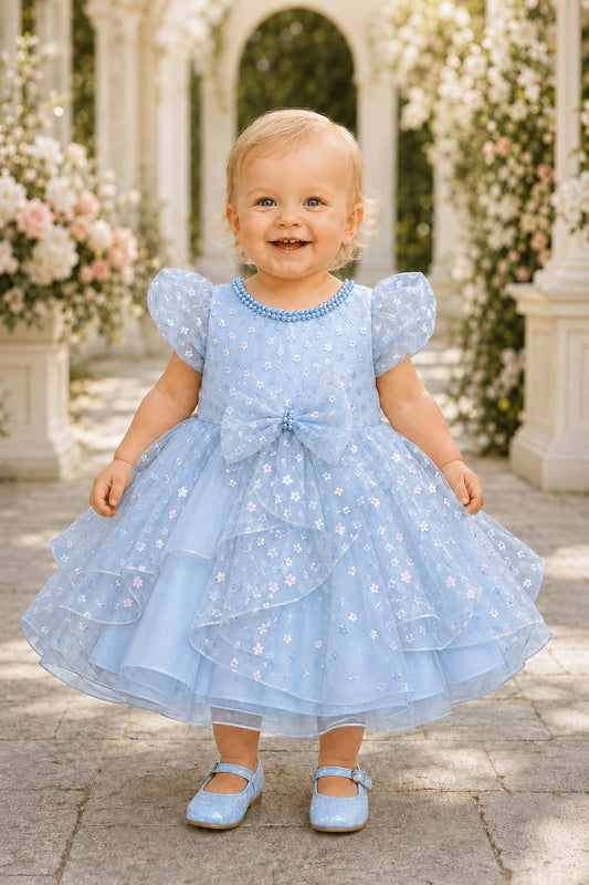 Showcasing a pearl-trimmed neckline, this Blue kids dress has a full skirt.