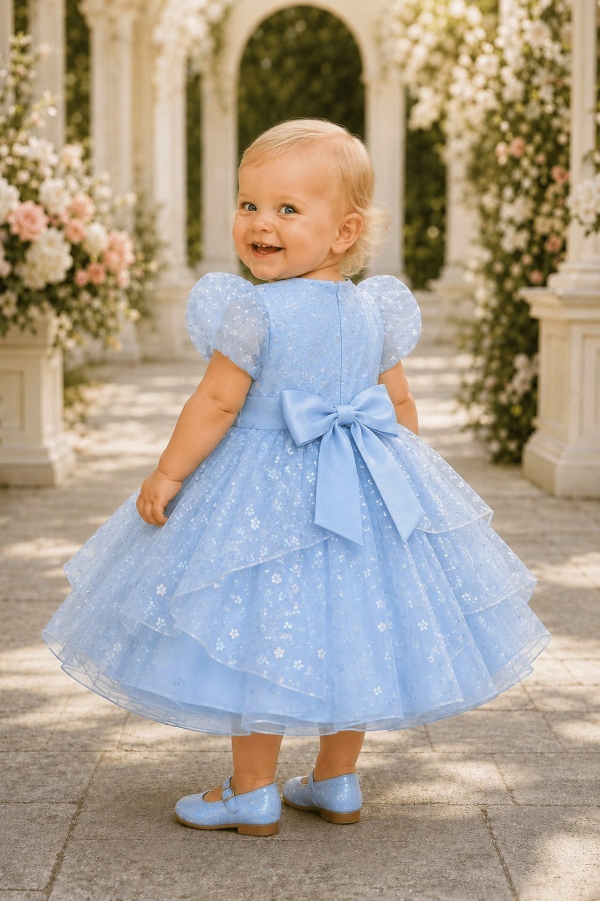 Tied at the back, the Blue kids dress features a large bow.